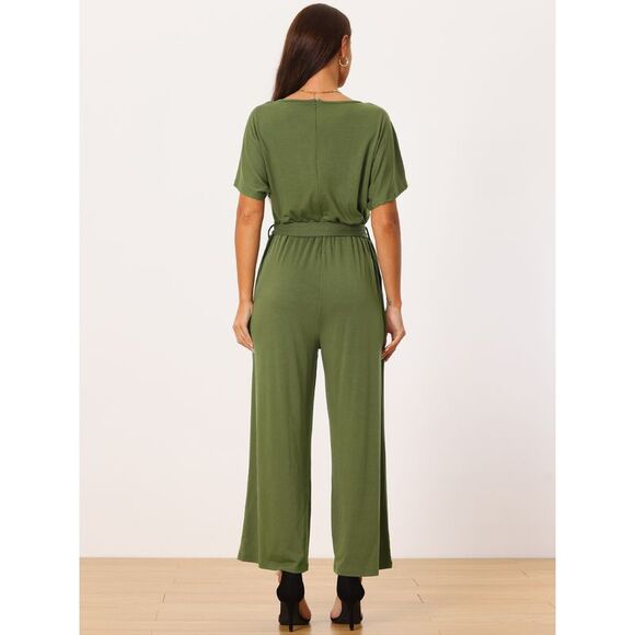Belted High Waist Wide Leg Casual Dressy Jumpsuits Army Green - Picture 4 of 6